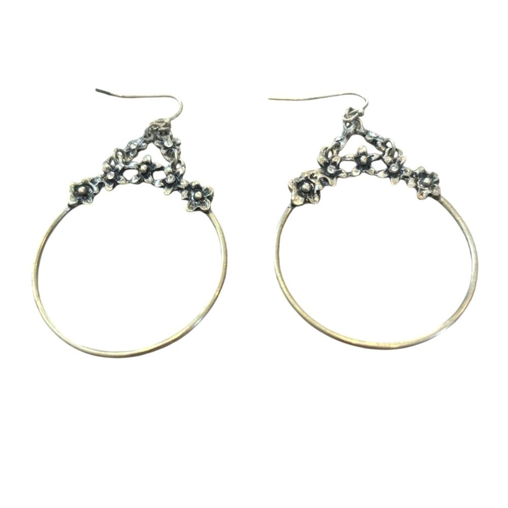 Floral Hoop Drop Earrings - Silver-Tone